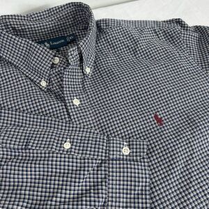 Men's Ralph Lauren Classic Fit Cotton Shirt Blue Plaid‎ Burgundy Pony Men's XL